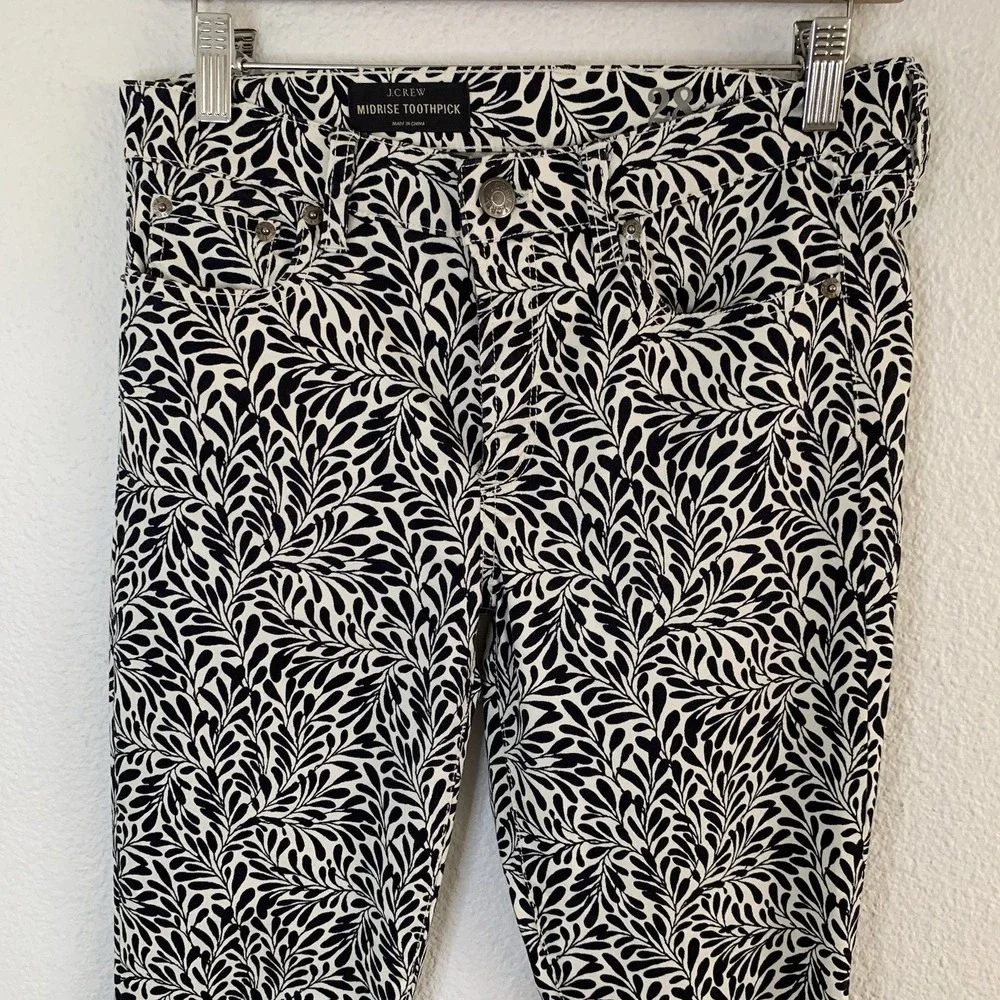 J Crew Midrise Toothpick Pants Black White Floral Print Size 29‎